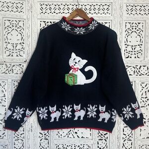 Vintage Holiday Christmas Cat Fair Isle Grannycore Chunky Mockneck Sweater Sz M
